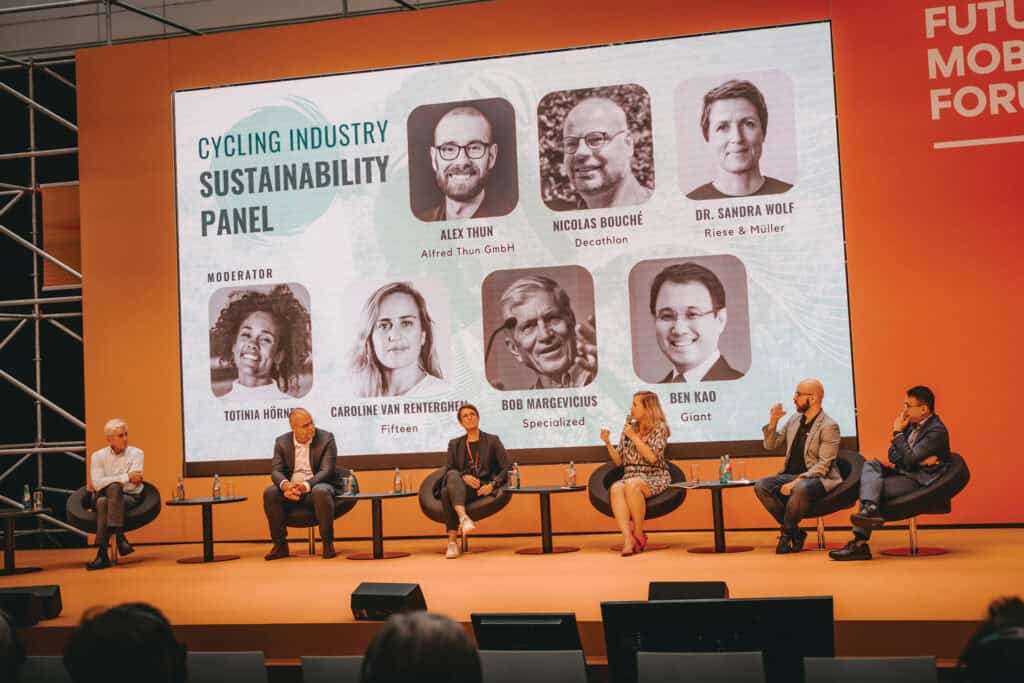 Sustainability discussion forums have become a permanent fixture in the programs of major international bicycle trade shows, as seen here at Eurobike. (Photo: Werner Müller-Schell)